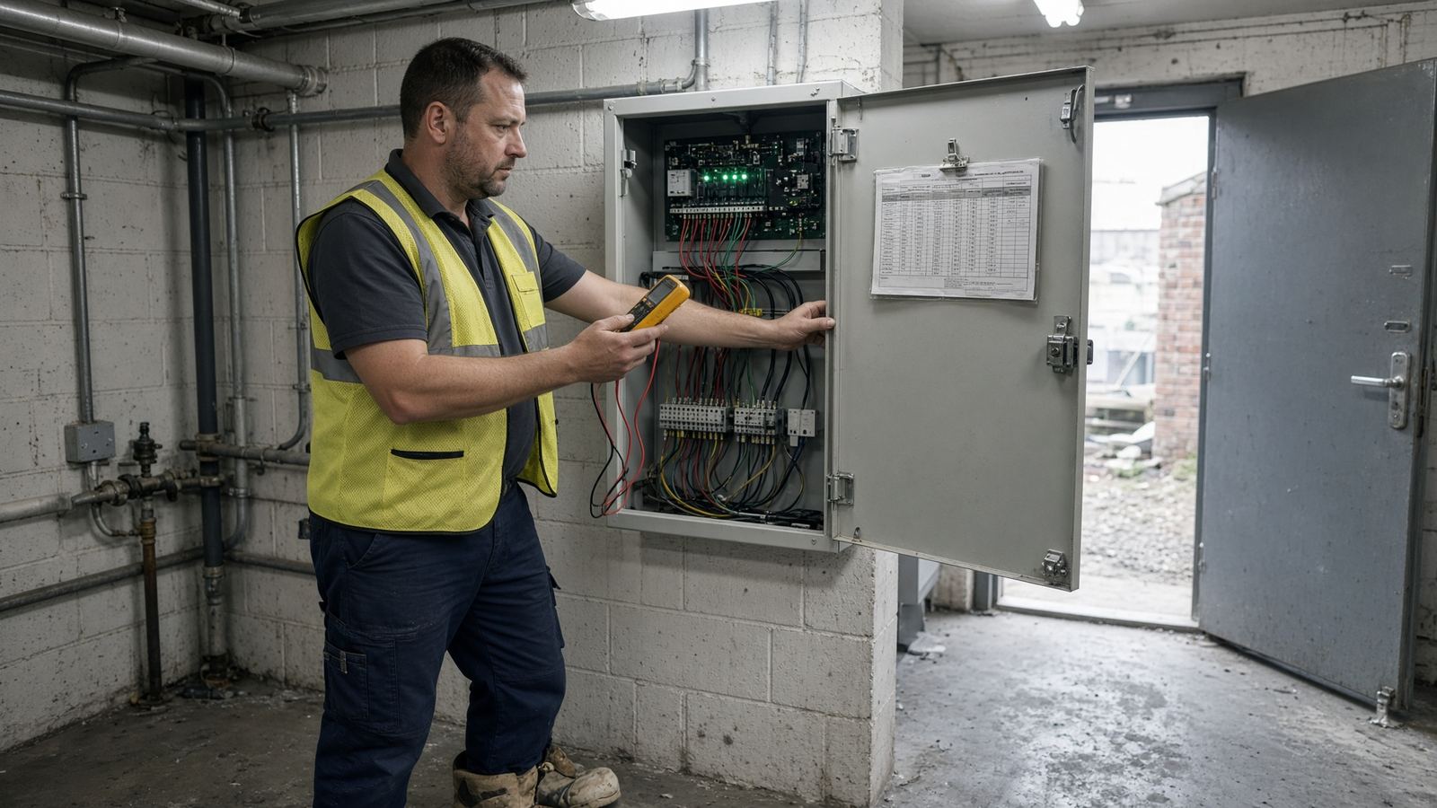 Engineer working at an open addressable fire alarm panel