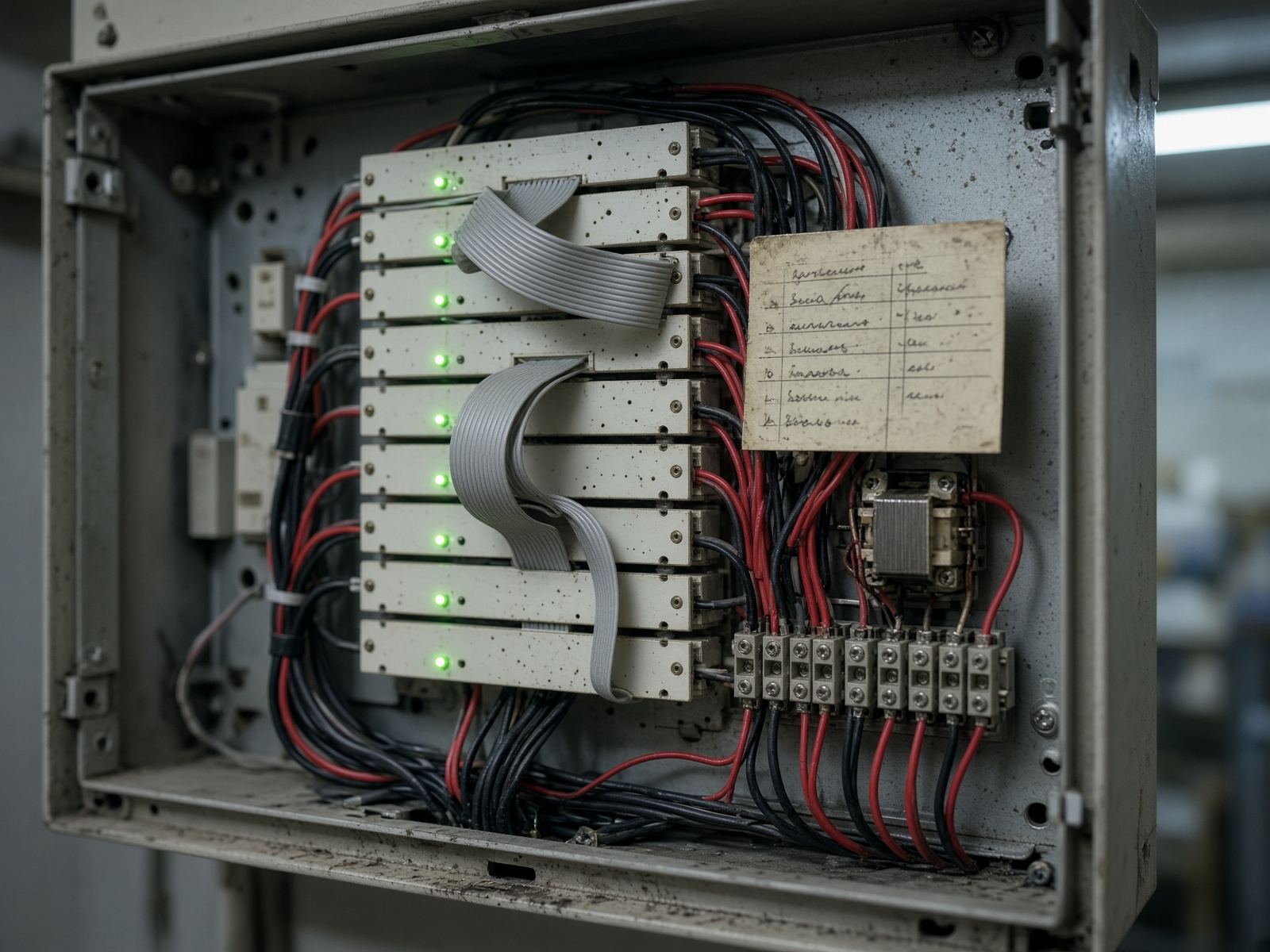 Fire alarm panel internals: cards, looms and LEDs