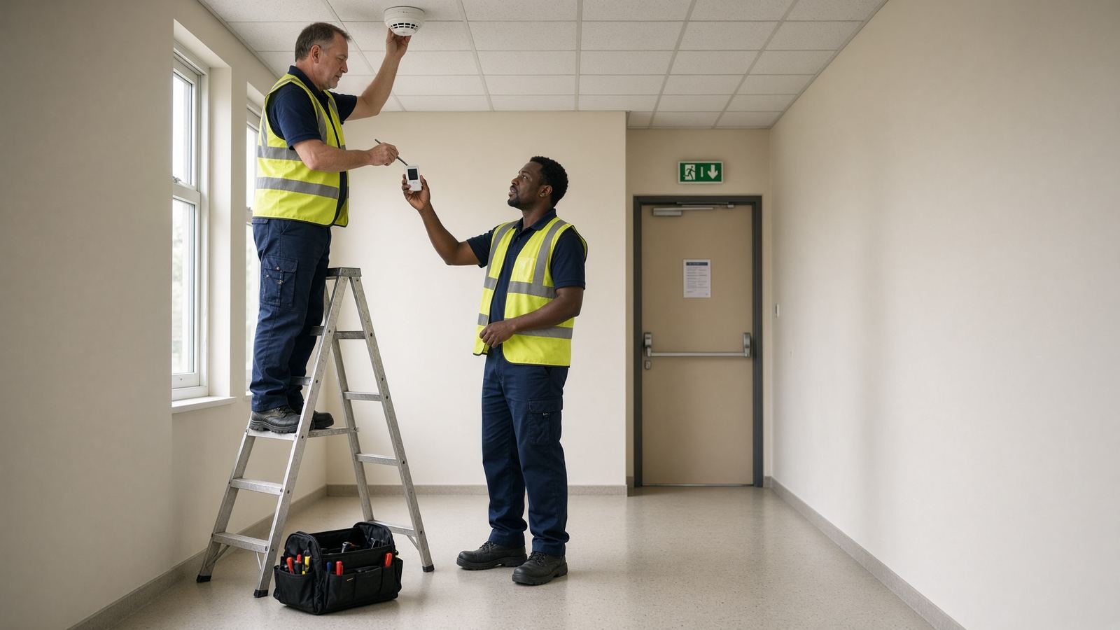 Two engineers working together on site