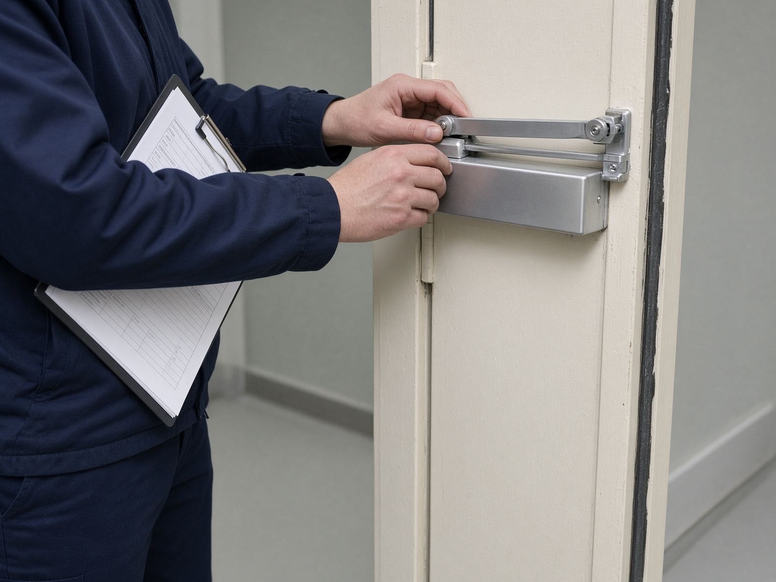 Checking a fire door closer with a clipboard