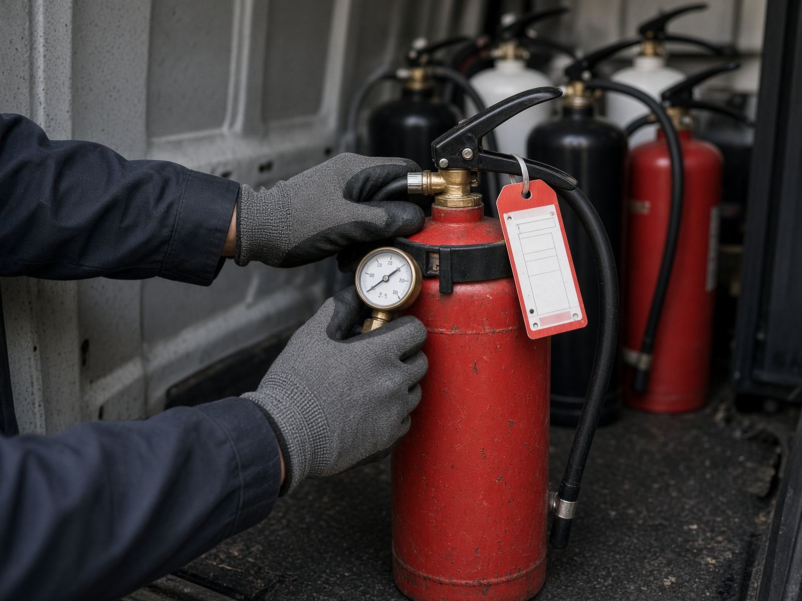 Extinguisher gauge and service tag