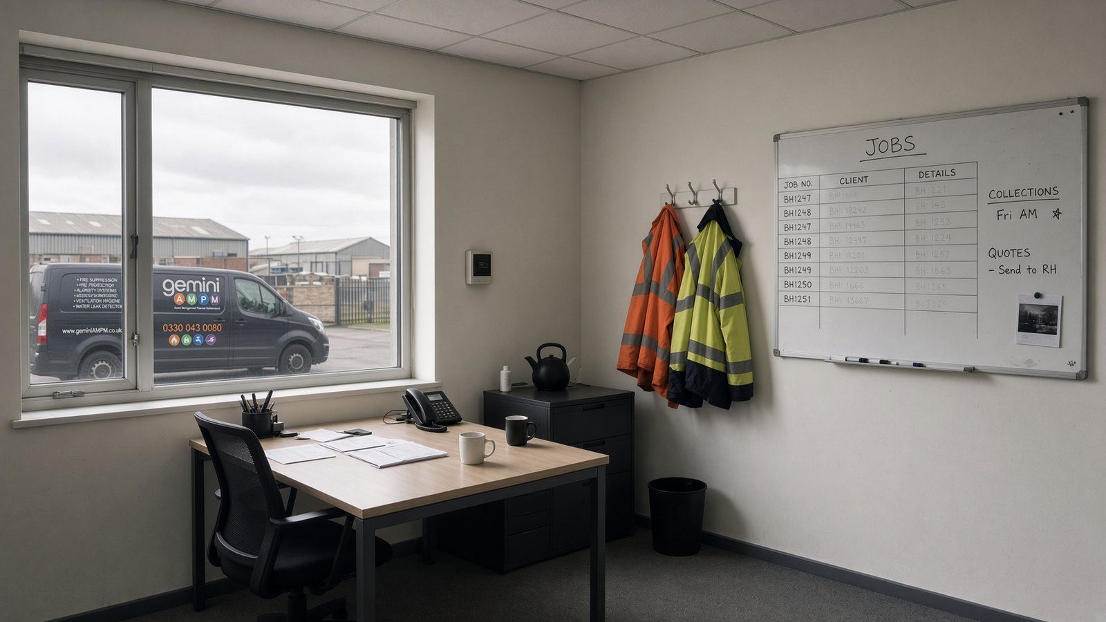 The Burgess Hill office: job board, high-vis on hooks, van outside