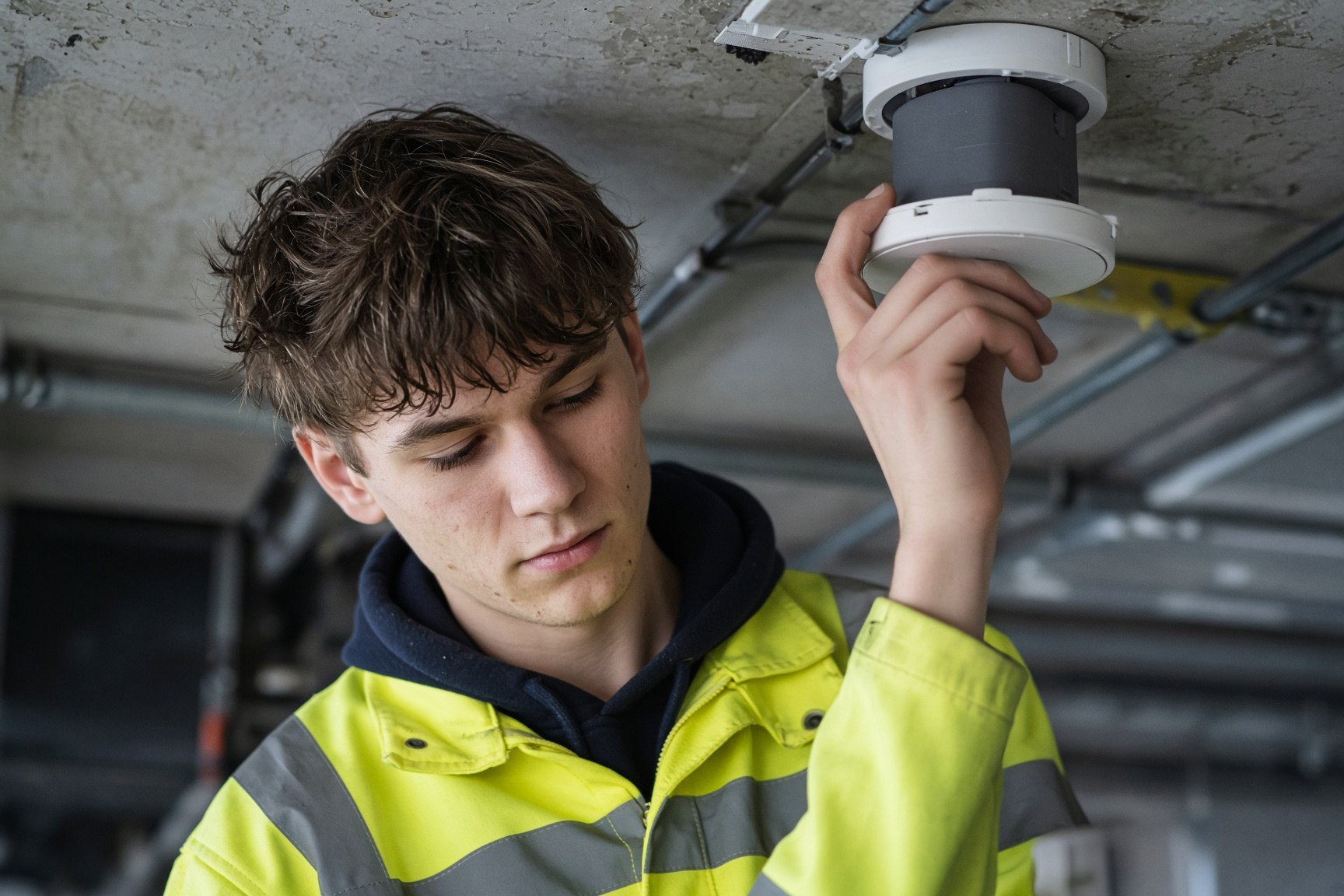 An apprentice fitting a smoke detector head to a ceiling base