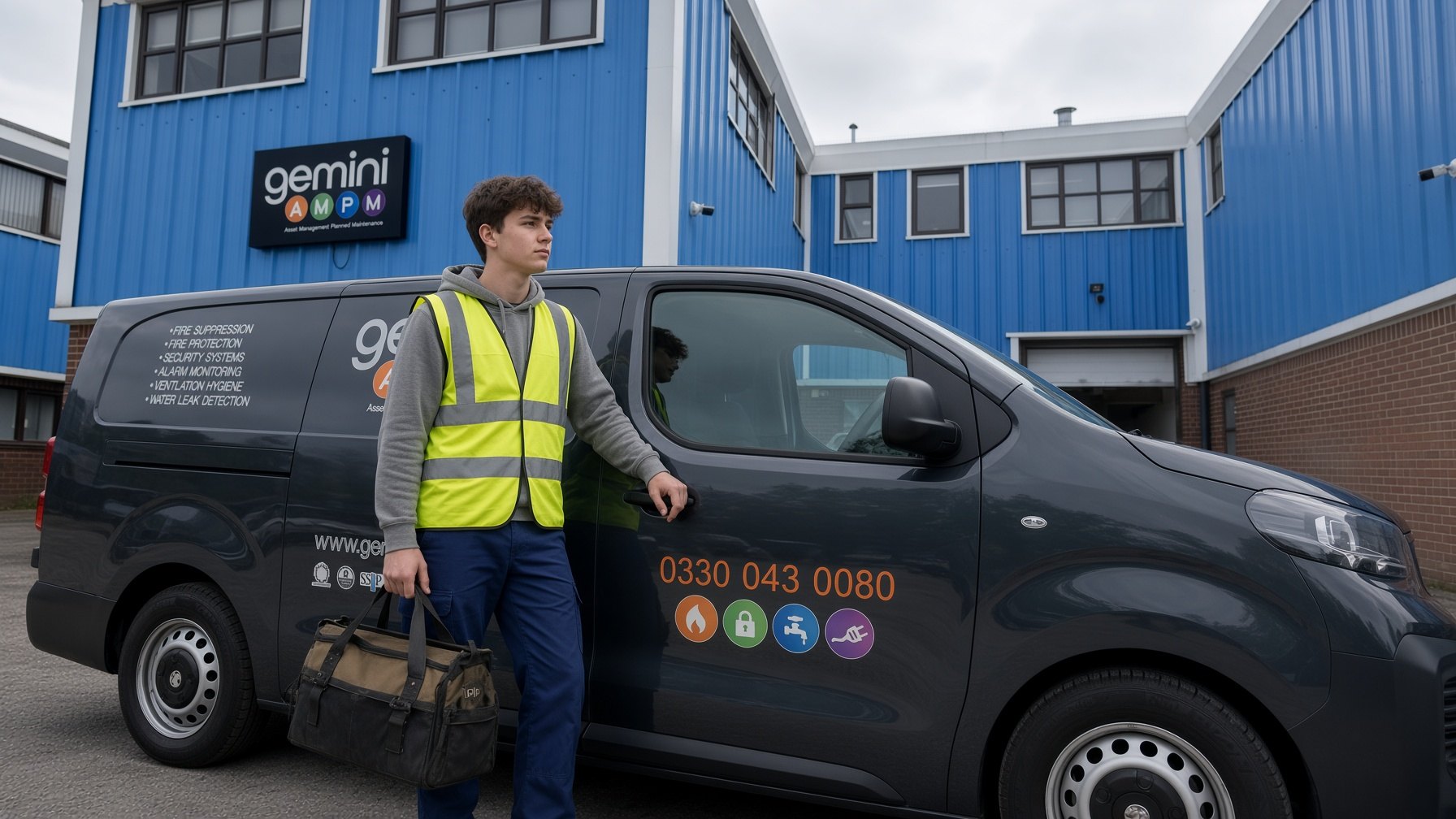 An apprentice with a kit bag beside a Gemini AMPM van outside the Burgess Hill unit
