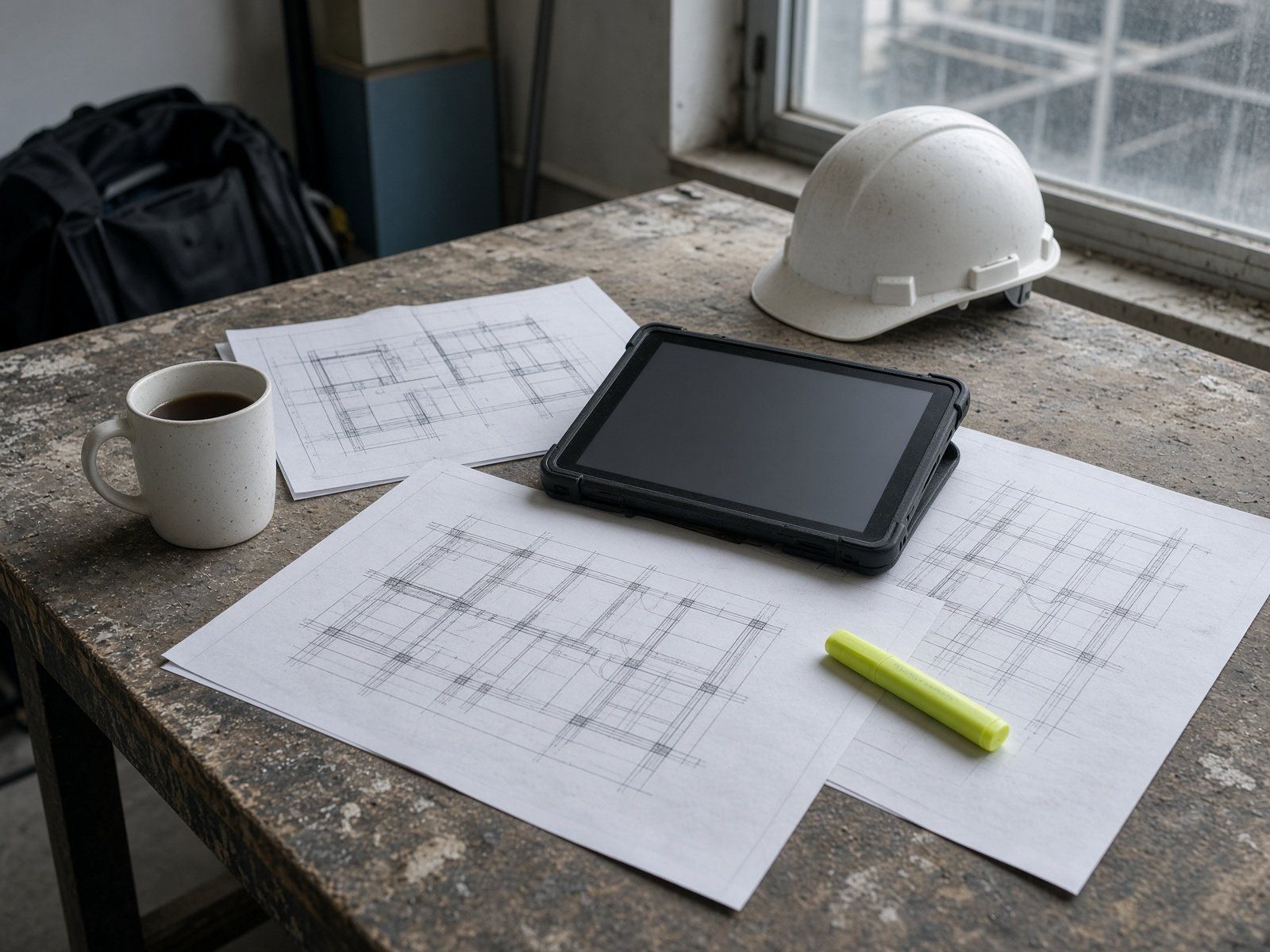Drawings and tablet on a site table